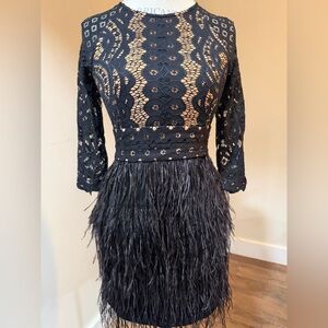 Gianni Bini Black Lace and Feather Mini Dress